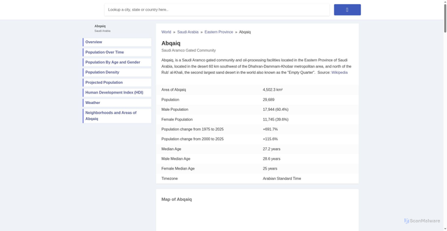 Security scan screenshot of https://www.city-facts.com/abqaiq/population