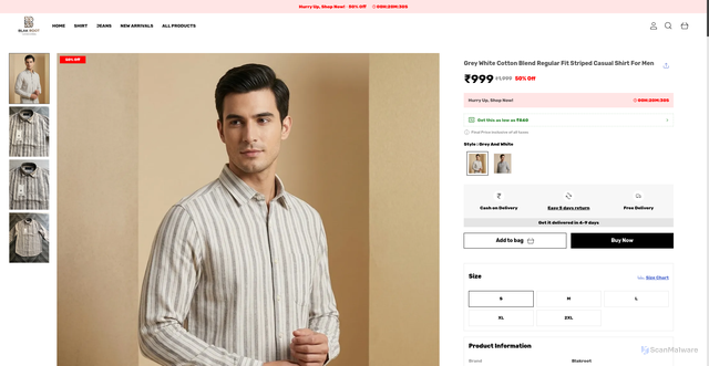 Security scan screenshot of https://blakroot.com/Grey-White-Cotton-Blend-Regular-Fit-Striped-Casual-Shirt-For/catalogue/3HjvF1z_/rHNsSRib