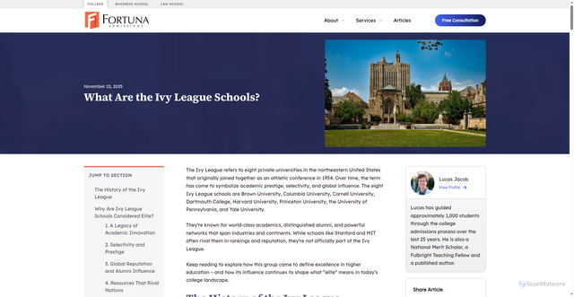 Security scan screenshot of https://fortunaadmissions.com/what-are-the-ivy-league-schools/