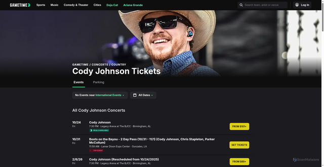 Security scan screenshot of https://gametime.co/cody-johnson-tickets/performers/musiccodyjohnson