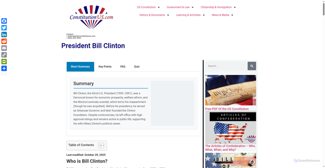 Security scan screenshot of https://constitutionus.com/presidents/president-bill-clinton/
