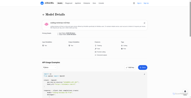 Security scan screenshot of https://aihubmix.com/model/coding-minimax-m3-free