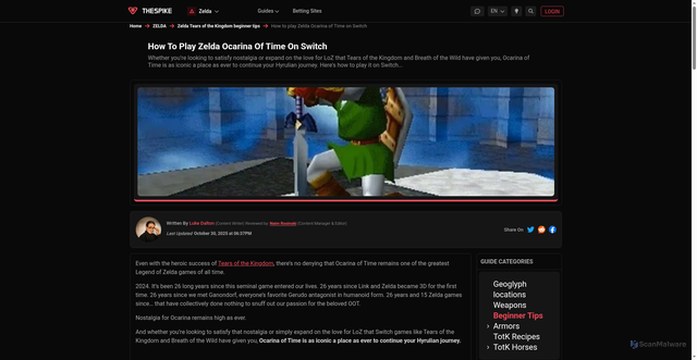 Security scan screenshot of https://www.thespike.gg/legend-of-zelda/beginner-guides/ocarina-of-time-switch