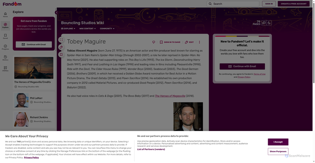 Security scan screenshot of https://bouncling-studios.fandom.com/wiki/Tobey_Maguire
