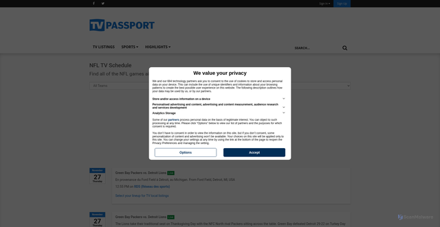 Security scan screenshot of https://www.tvpassport.com/tv-listings/sports/NFL