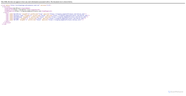 Security scan screenshot of https://staging.pageoneformula.com/xmlrpc.php?rsd