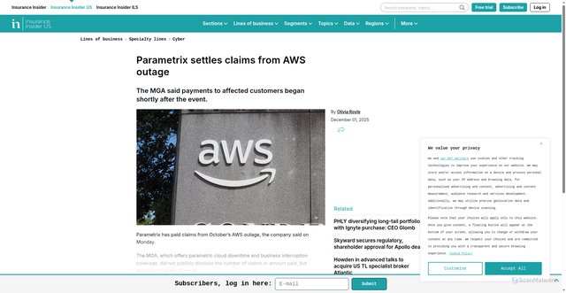 Security scan screenshot of https://www.insuranceinsiderus.com/article/2fnwrhkpgdgl9zoxglu68/lines-of-business/cyber/parametrix-settles-claims-from-aws-outage