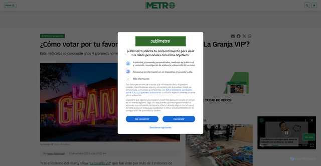 Security scan screenshot of https://www.publimetro.com.mx/entretenimiento/2025/10/16/como-votar-por-tu-favorito-en-las-nominaciones-de-la-granja-vip/