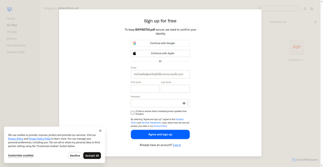 Security scan screenshot of https://www.dropbox.com/l/scl/AAC9HaSSxBa23B_rllXItB42JdQeaK7D_Cg
