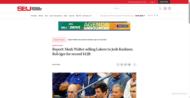 Security scan screenshot of http://www.sportsbusinessdaily.com/Articles/2026/08/12/report-mark-walter-selling-lakers-to-josh-kushner-bob-iger-for-record-12b/