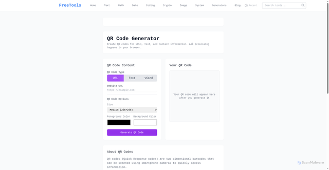 Security scan screenshot of https://freetools-44w.pages.dev/qr-generator.html
