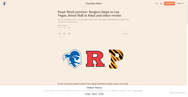 Security scan screenshot of https://guardenstate.substack.com/p/feast-week-preview-rutgers-limps-vegas