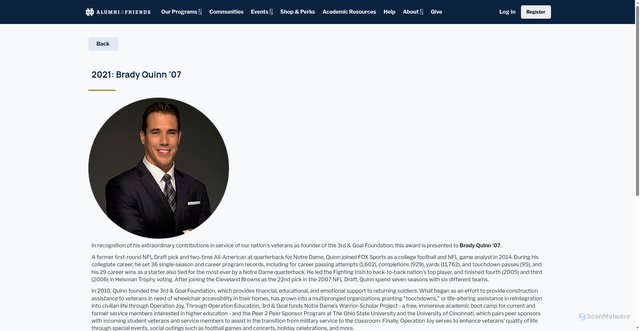 Security scan screenshot of https://my.nd.edu/page/2021-brady-quinn