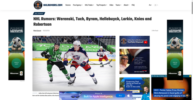 Security scan screenshot of https://nhlrumors.com/nhl-rumors-werenski-tuch-byram-hellebuyck-larkin-knies-and-robertson/2026/06/23/