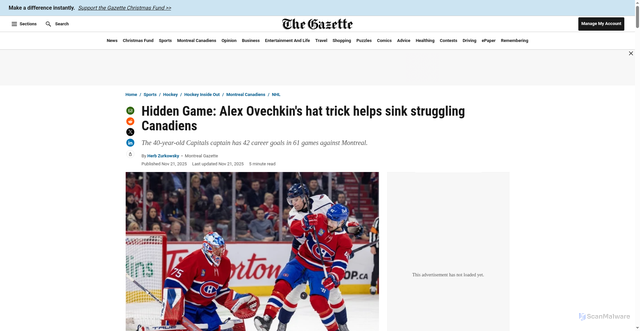 Security scan screenshot of https://montrealgazette.com/sports/hockey/hockey-inside-out/hidden-game-alex-ovechkins-hat-trick-helps-sink-struggling-canadiens