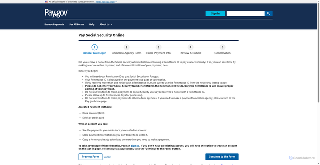 Security scan screenshot of https://www.pay.gov/public/form/start/834689469