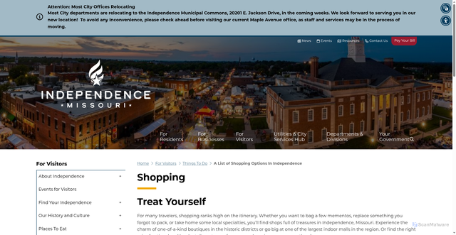Security scan screenshot of https://www.independencemo.gov/visitors/things-do/shopping