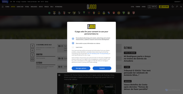 Security scan screenshot of https://www.ojogo.pt/jogos-em-direto/artigo/direto-moreirense-fc-porto/18013237