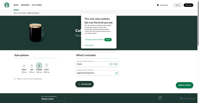 Security scan screenshot of https://www.starbucks.com/menu/product/406/hot