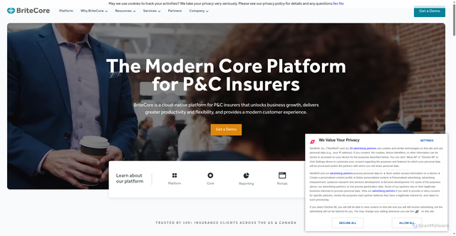 Security scan screenshot of https://britecore.com
