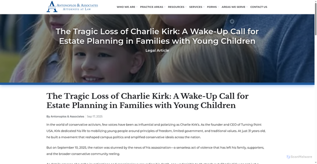 Security scan screenshot of https://www.antonlegal.com/blog/the-tragic-loss-of-charlie-kirk-a-wake-up-call-for-estate-planning-in-families-with-young-children/