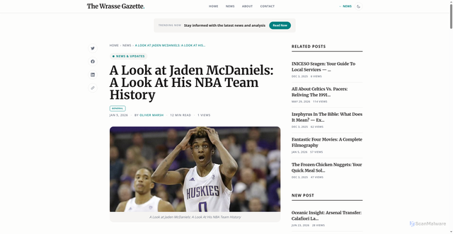 Security scan screenshot of https://wrasse.plymouth.ac.uk/ac-news/jaden-mcdaniels-a-look-at-his-nba-team-history-1767646514