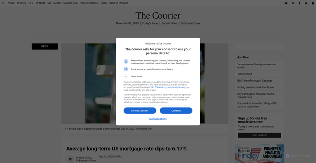 Security scan screenshot of https://thecourier.com/news/652863/average-long-term-us-mortgage-rate-dips-to-617/