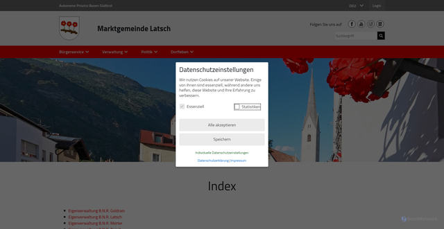 Security scan screenshot of https://www.gemeinde.latsch.bz.it/system/web/gelbeseite.aspx?typ=9&cmd=az&menuonr=218886598