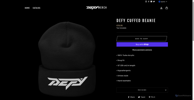 Security scan screenshot of https://defymerch.com/collections/headwear-1/products/cuffed-beanie-1