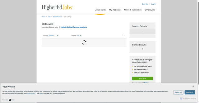 Security scan screenshot of https://www.higheredjobs.com/state/search.cfm?State=CO&Remote=1