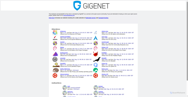 Security scan screenshot of https://mirrors.gigenet.com