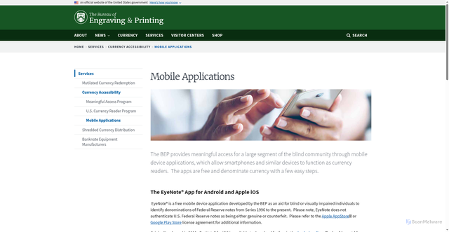 Security scan screenshot of https://www.bep.gov/services/currency-accessibility/mobile-applications
