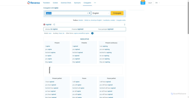 Security scan screenshot of https://conjugator.reverso.net/conjugation-english-verb-rapine.html