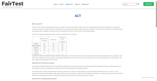 Security scan screenshot of https://fairtest.org/act/