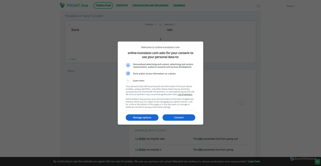 Security scan screenshot of https://www.online-translator.com/translation/spanish-english/lluvia
