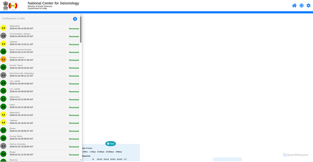 Security scan screenshot of https://seismo.gov.in/MIS/riseq/earthquake