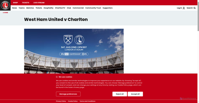 Security scan screenshot of https://www.cafc.co.uk/west-ham-united-v-charlton