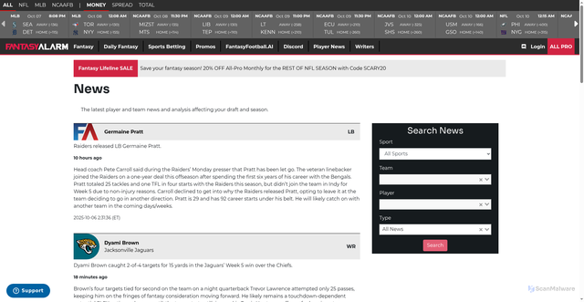Security scan screenshot of https://www.fantasyalarm.com/player-news/3706322/raiders-part-ways-with-lb-germaine-pratt/