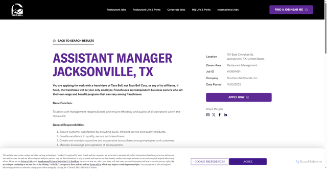 Security scan screenshot of https://jobs.tacobell.com/job/assistant-manager/jacksonville-TX/10804691/