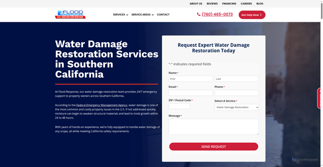 Security scan screenshot of https://floodresponse.com/services/water-damage-restoration/