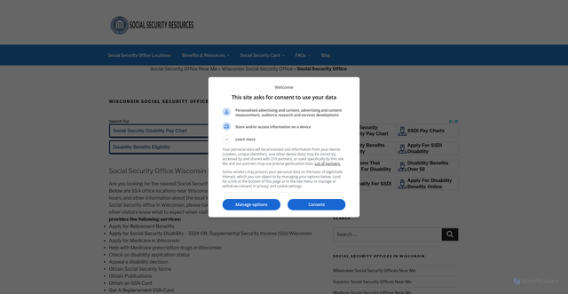 Security scan screenshot of https://socialsecurityofficesnearme.com/wisconsin/