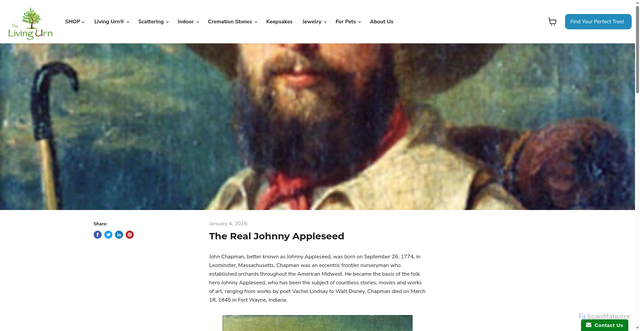 Security scan screenshot of https://www.thelivingurn.com/blogs/news/82246849-the-real-johnny-appleseed?srsltid=AU7gw4XG0mUPkZ7VSC_MTuTf9F41wEJyOg9srR_3X1LoBtRgPnNwfeey