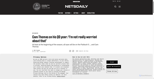Security scan screenshot of https://www.netsdaily.com/nets-analysis/100339/cam-thomas-on-his-qo-year-im-not-really-worried-about-that