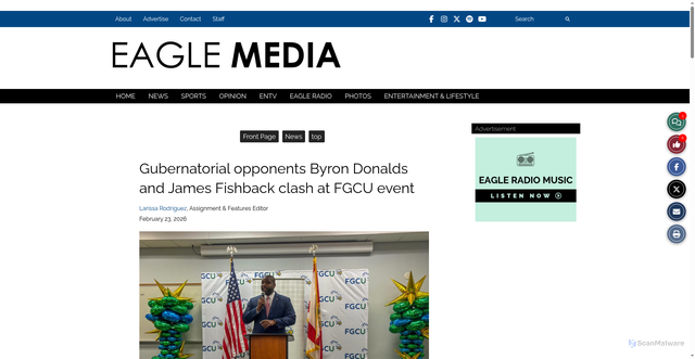 Security scan screenshot of https://eaglenews.org/35018/news/gubernatorial-opponents-byron-donalds-and-james-fishback-clash-at-fgcu-event/