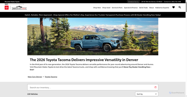 Security scan screenshot of https://www.mountainstatestoyota.com/new-toyota/denver/tacoma.htm?srsltid=AfmBOoqi83Z71vWZR8gUKIMvytPeICXfg8nfpbgcczdmbsh45IPUk09p