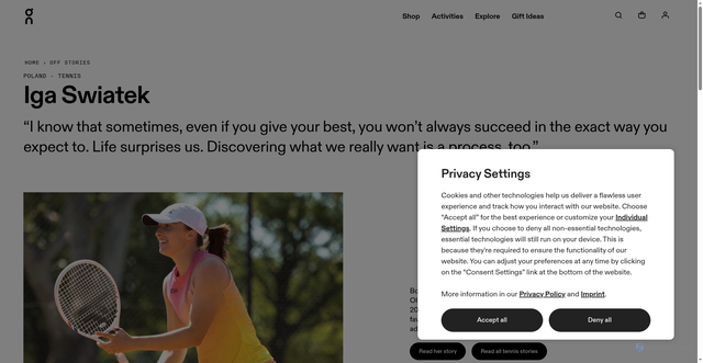 Security scan screenshot of https://www.on.com/en-us/stories/iga-swiatek?srsltid=AfmBOopenQReCCyNQ9zZmS3q61ALSGdqANqEJrTaQgQ3yO-gOgUSlbJs