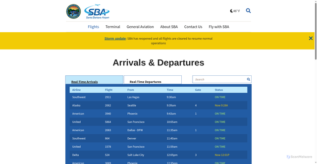 Security scan screenshot of https://flysba.santabarbaraca.gov/flights/arrivals-departures-0