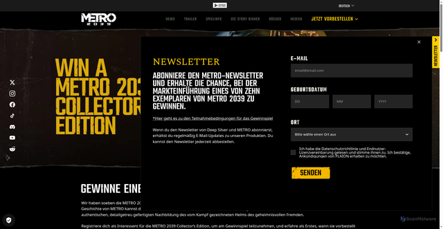 Security scan screenshot of https://www.deepsilver.com/games/metro2039/news/win-a-metro-2039-collector-s-edition