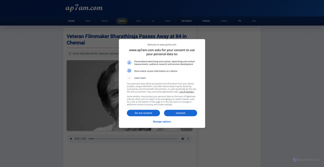 Security scan screenshot of https://www.ap7am.com/en/128807/veteran-filmmaker-bharathiraja-passes-away-at-84-in-chennai