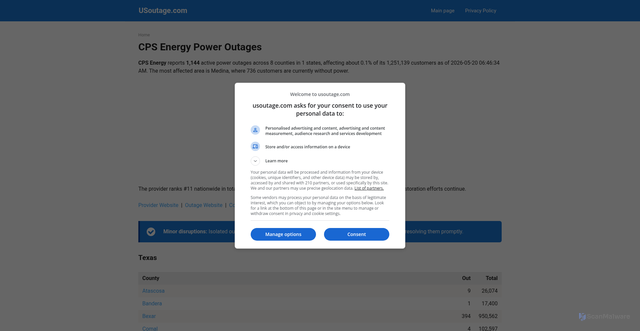 Security scan screenshot of https://usoutage.com/cps-energy/